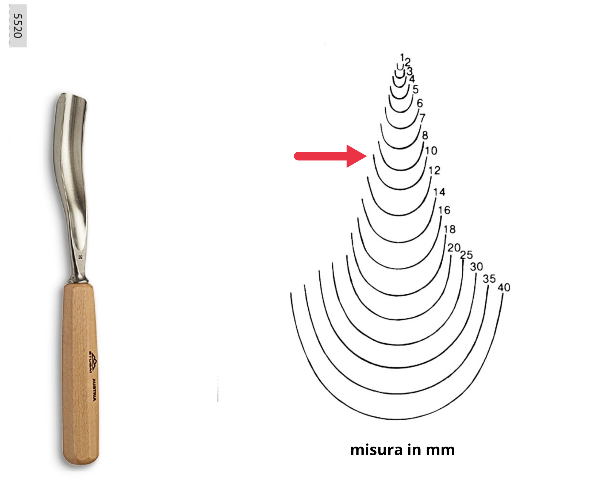 550430 SGORBIA STUBAI CON MANICO AFFILATA - CURVA misura 30 mm